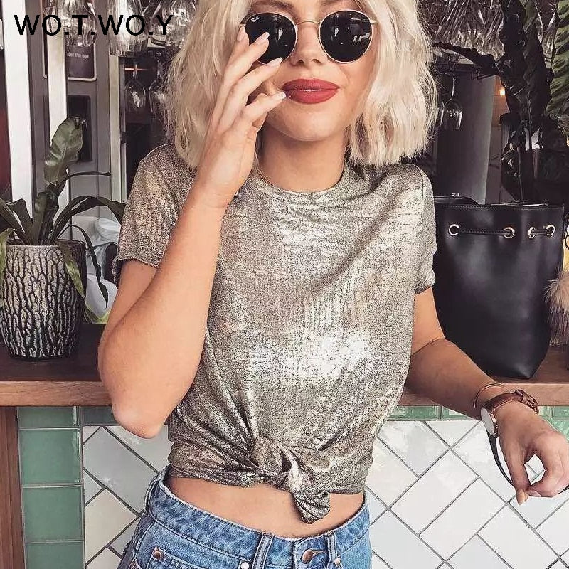 Silver Shiny Knitted O-Neck Short Sleeve T Shirt