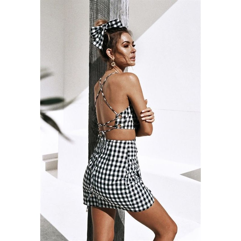 Fashion Checkerboard 2 Piece Crop Top/Miniskirt Set