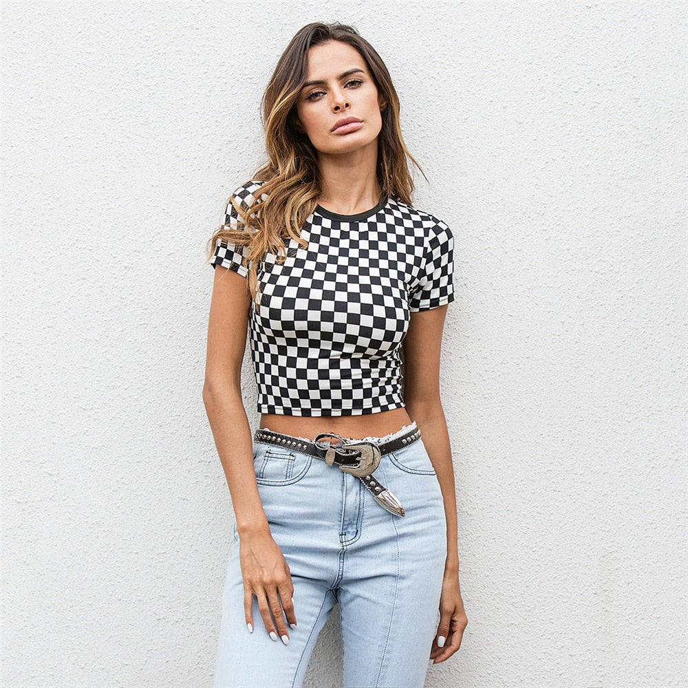 Slim Checkerboard Pattern Cotton Crop Top