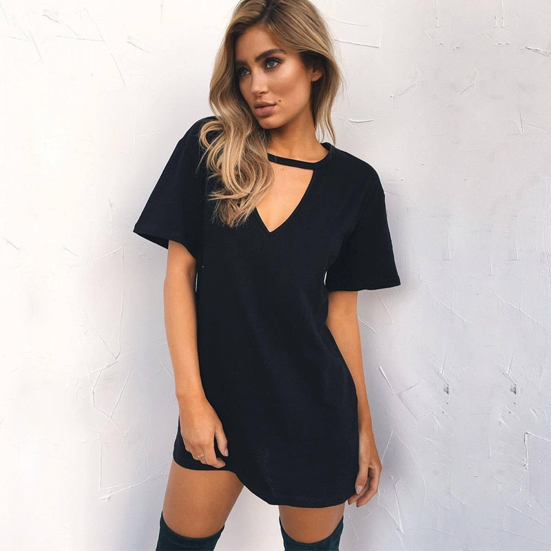 Trendy Choker V-Neck T Shirt Dress – Nicole Marie Fashions