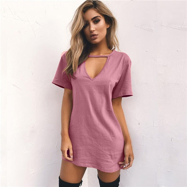 collar t shirt dress Trendy Choker V-Neck T Shirt Dress – Nicole Marie Fashions