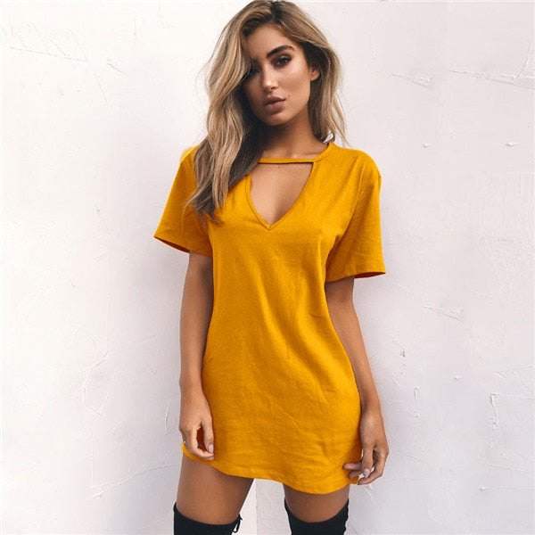 Trendy Choker V-Neck T Shirt Dress – Nicole Marie Fashions
